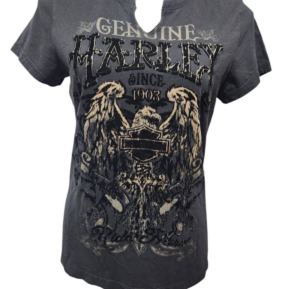 Genuine Harley Davidson black flocked design notched neck shirt Orlando large